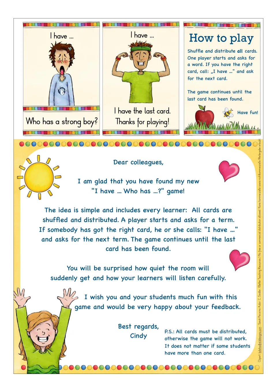 Last two feelings cards ending with Thanks for playing, How to play rules for calling I have, and a letter to teachers