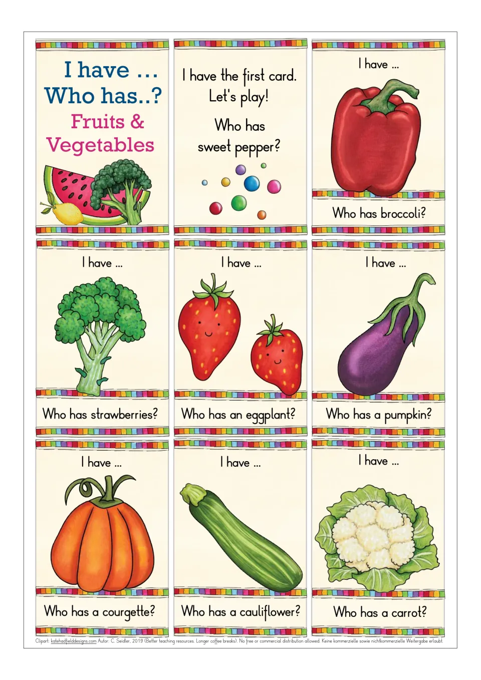 Fruit and vegetable vocabulary game cards: title card, start card asking for sweet pepper, then pepper to cauliflower cards
