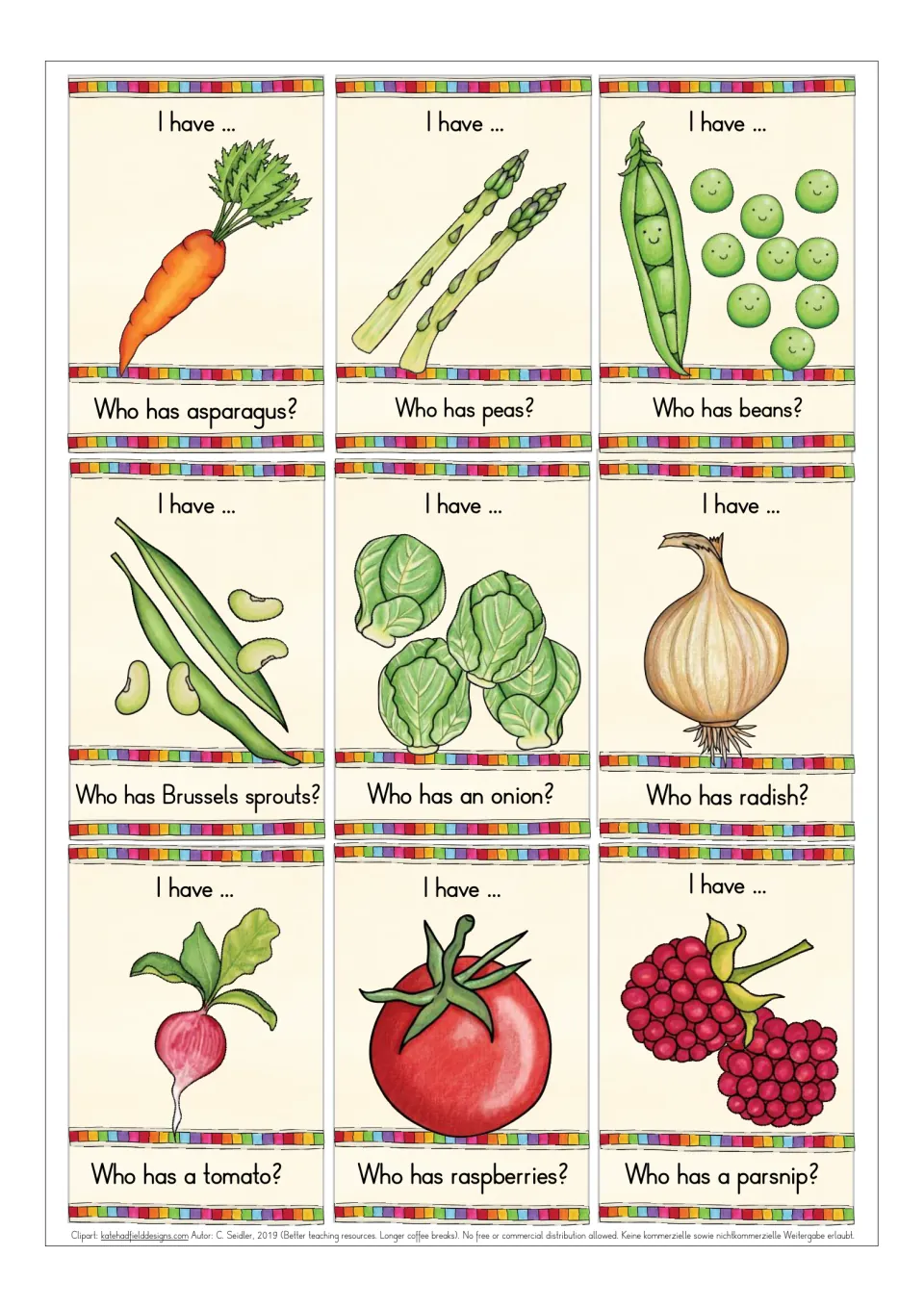 Vegetable chain cards picturing carrot, asparagus, peas, beans, sprouts, onion, radish, tomato and raspberries