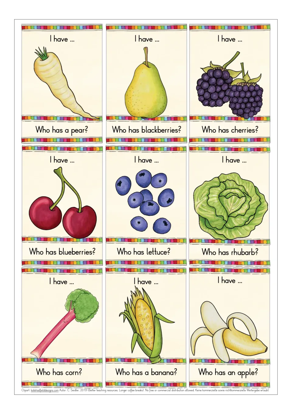 Listening game cards picturing parsnip, pear, blackberries, cherries, blueberries, lettuce, rhubarb, corn and banana