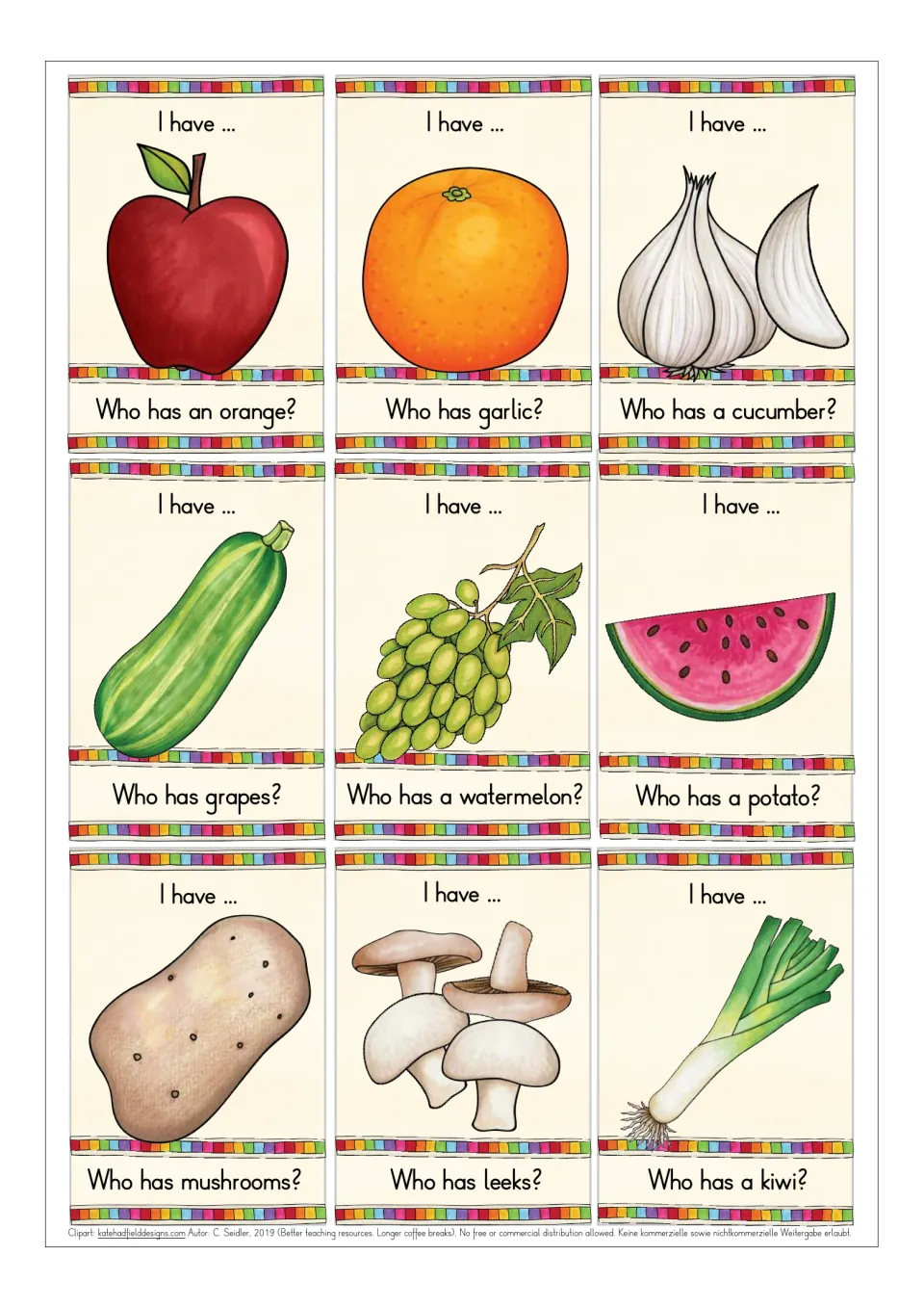 Card set where students announce apple, orange, garlic, cucumber, grapes, watermelon, potato, mushrooms or leeks
