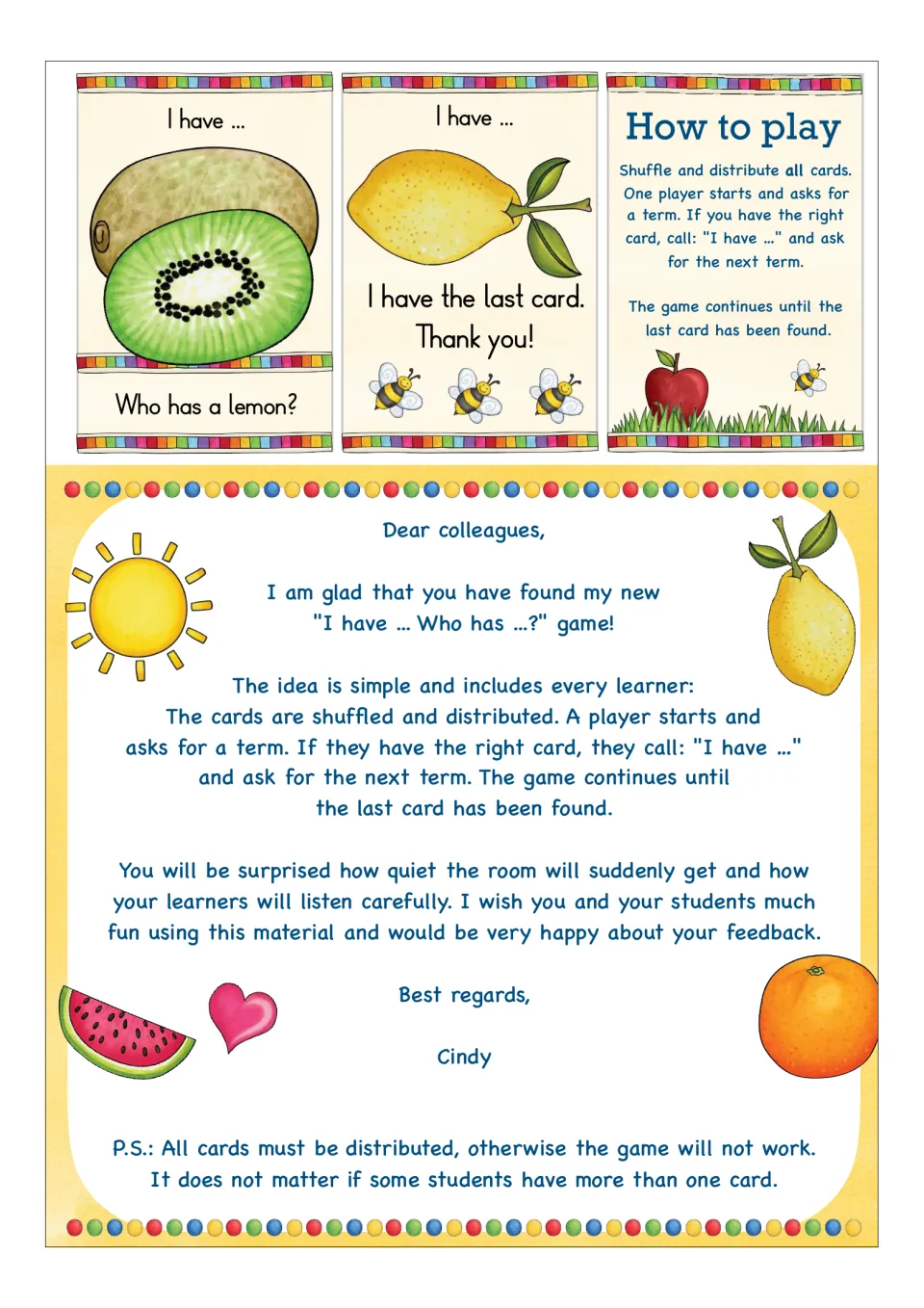 Kiwi and lemon cards ending the chain with 'I have the last card. Thank you!', plus how-to-play steps and a note to teachers