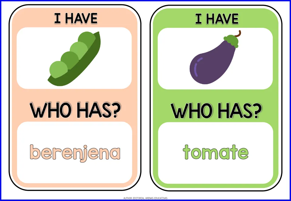 Game cards 1–2: pea pod and eggplant pictures; prompts berenjena (eggplant) and tomate (tomato).