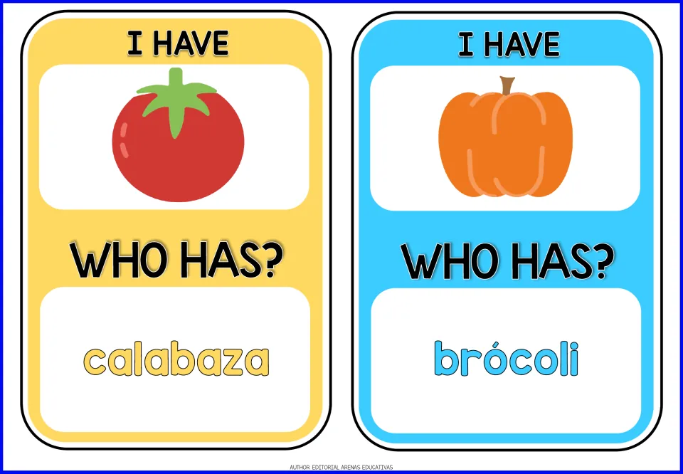 Game cards 3–4: tomato and pumpkin pictures; prompts calabaza (pumpkin) and brócoli (broccoli).