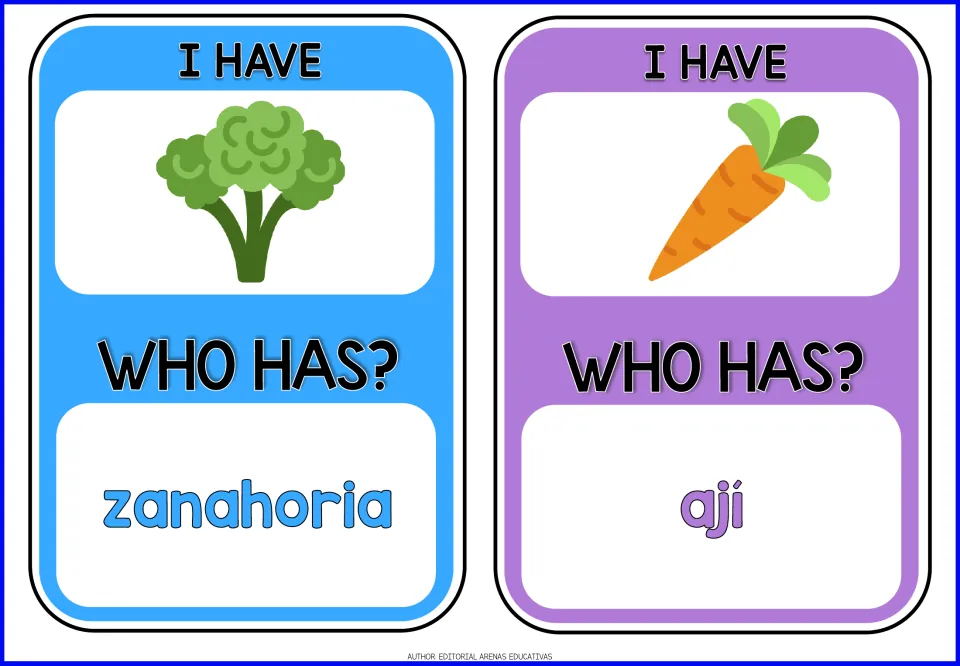 Game cards 5–6: broccoli and carrot pictures; prompts zanahoria (carrot) and ají (chili pepper).