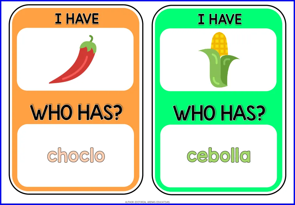 Game cards 7–8: chili pepper and corn pictures; prompts choclo (corn) and cebolla (onion).