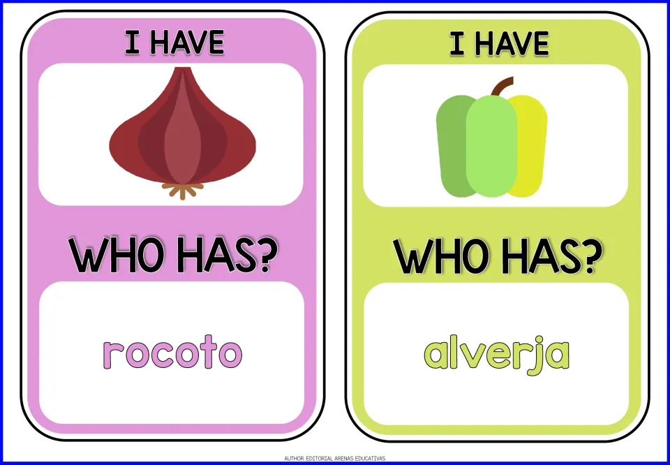 Game cards 9–10: onion and pepper pictures; prompts rocoto (hot pepper) and alverja (pea).