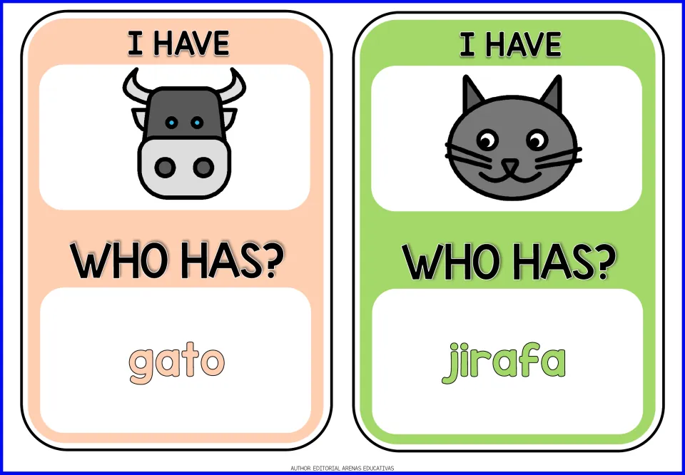 Cards 1–2 of the animal game: bull and cat pictures, with prompts gato (cat) and jirafa (giraffe)