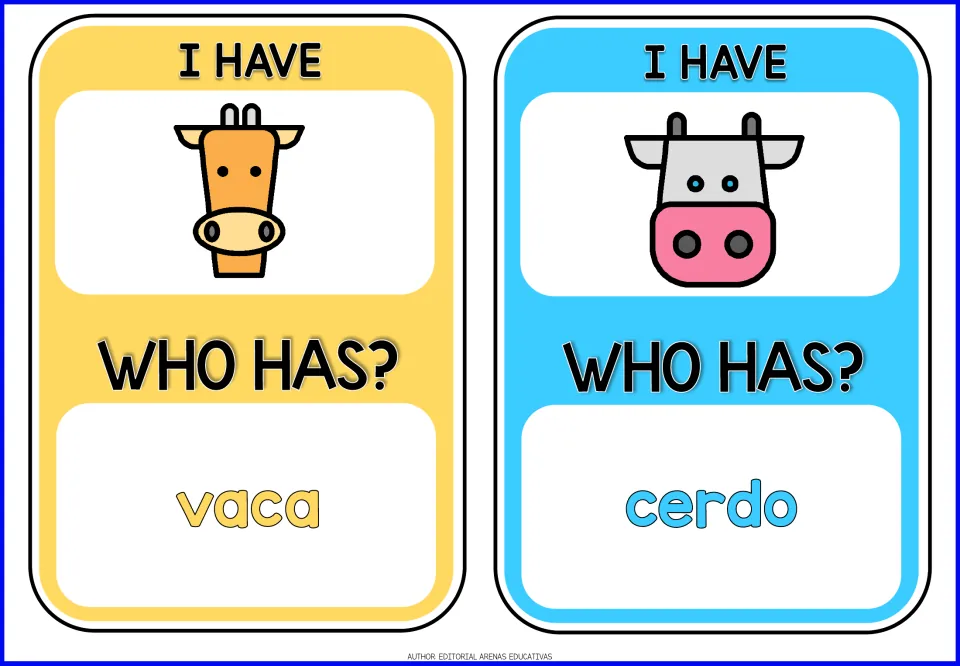 Cards 3–4 of the animal game: giraffe and cow pictures, with prompts vaca (cow) and cerdo (pig)