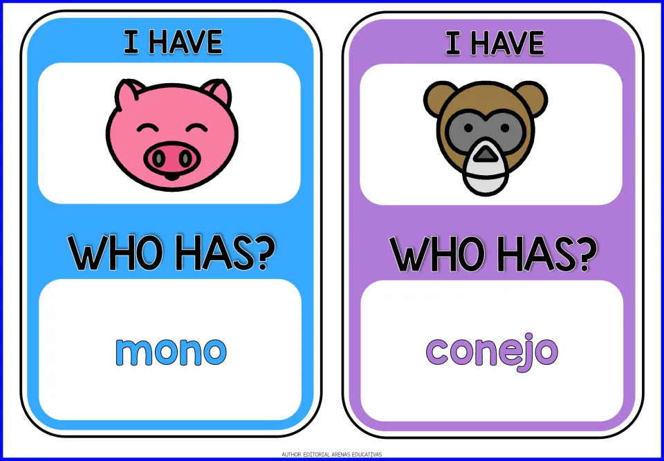 Cards 5–6 of the animal game: pig and monkey pictures, with prompts mono (monkey) and conejo (rabbit)