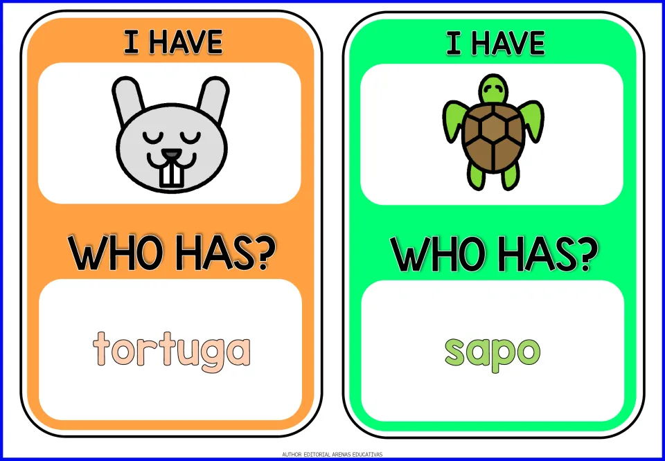 Cards 7–8 of the animal game: rabbit and turtle pictures, with prompts tortuga (turtle) and sapo (toad)