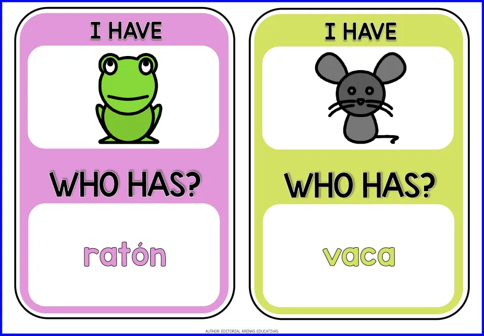 Cards 9–10 of the animal game: toad and mouse pictures, with prompts ratón (mouse) and vaca (cow)