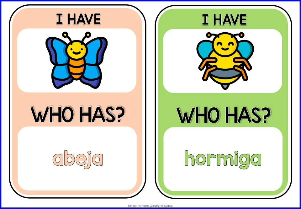Game cards 1–2: butterfly and bee pictures, with prompts abeja (bee) and hormiga (ant).
