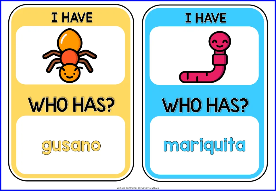 Game cards 3–4: ant and worm pictures, with prompts gusano (worm) and mariquita (ladybug).