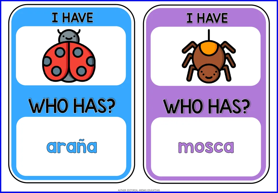 Game cards 5–6: ladybug and spider pictures, with prompts araña (spider) and mosca (fly).