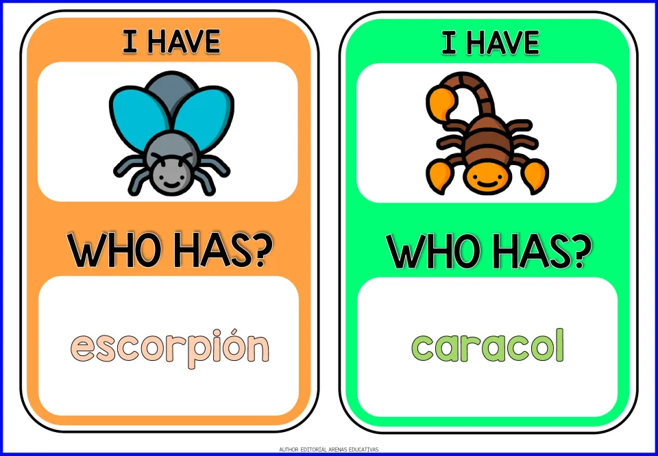 Game cards 7–8: fly and scorpion pictures, with prompts escorpión (scorpion) and caracol (snail).