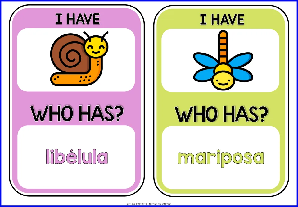 Game cards 9–10: snail and dragonfly pictures, with prompts libélula (dragonfly) and mariposa (butterfly).