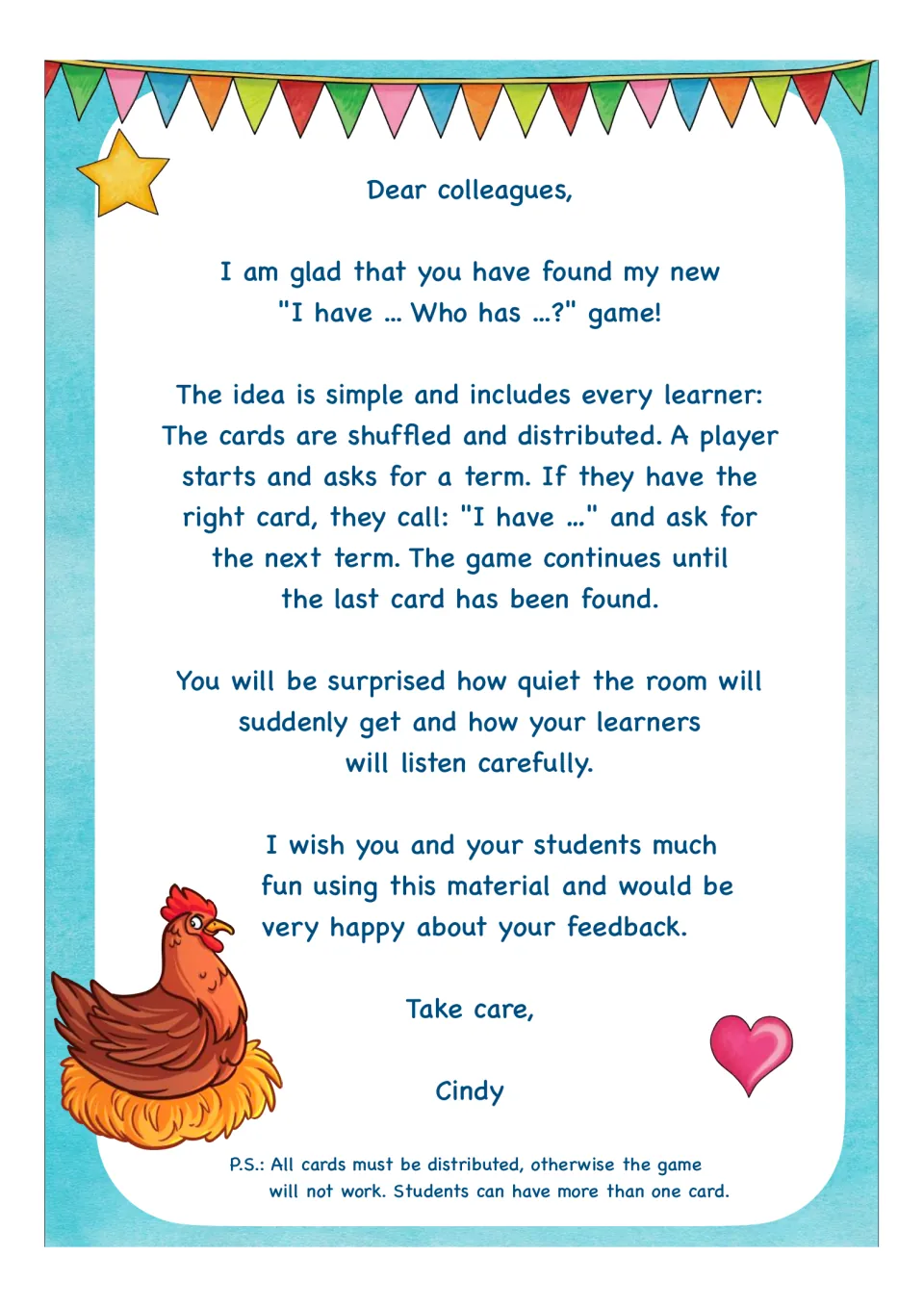 Teacher letter explaining the card chain game: shuffle, deal every card, then players call out the card asked for in turn