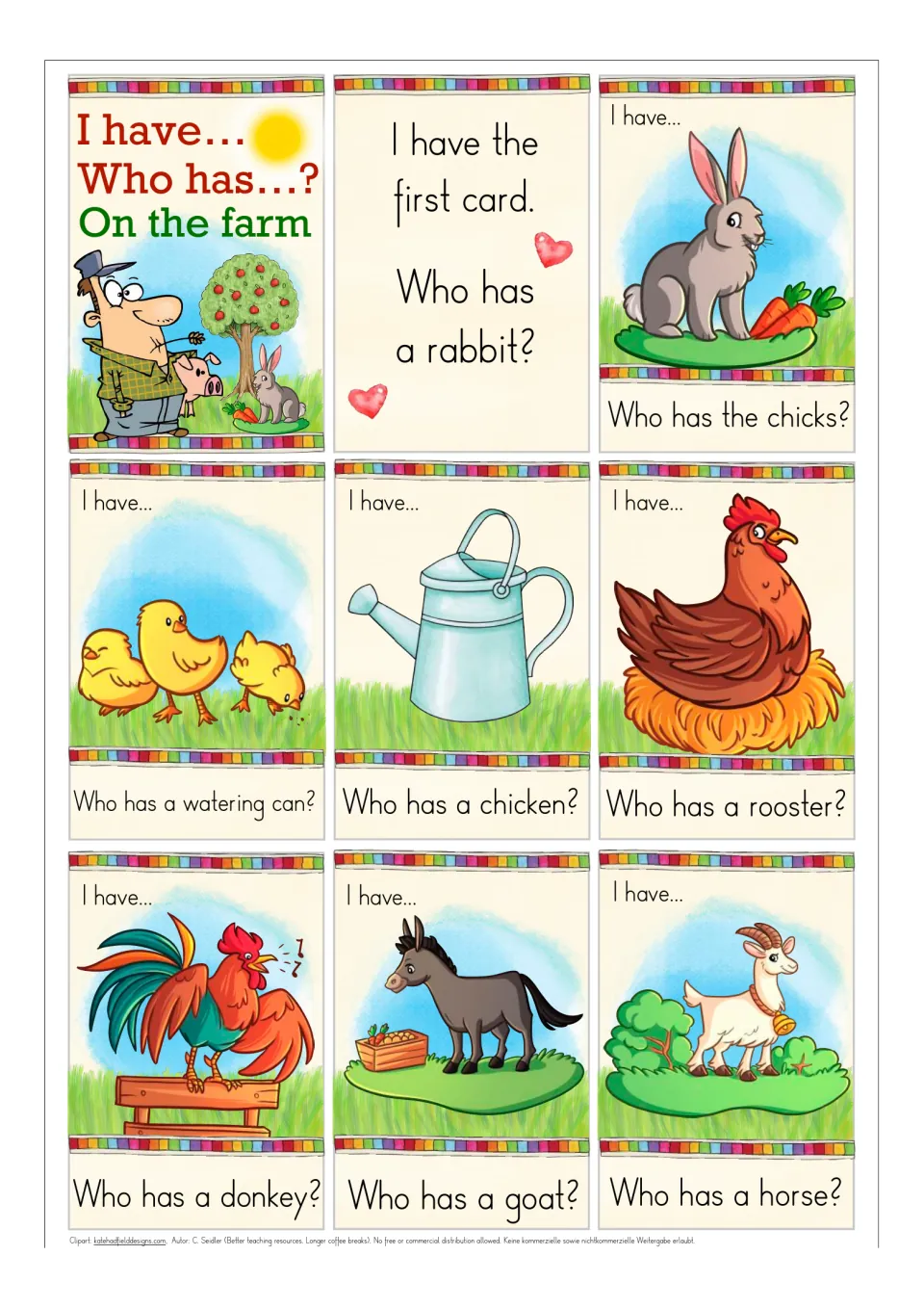 Farm card set 1: title card, first card asking for a rabbit, then chicks, watering can, chicken, rooster, donkey and goat