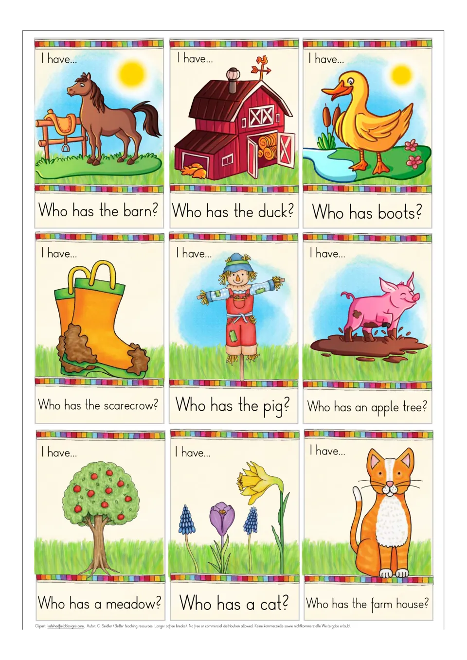 Farm cards with pictures of a horse, barn, duck, boots, scarecrow, pig, apple tree, spring flowers and cat, plus clues
