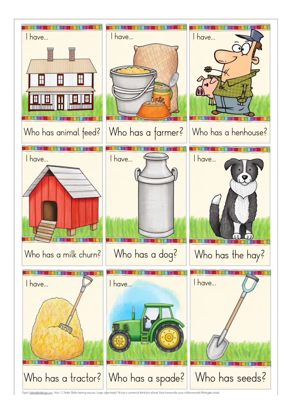 Farm vocabulary cards to read aloud: farmhouse, animal feed, farmer, henhouse, milk churn, dog, hay, tractor and spade