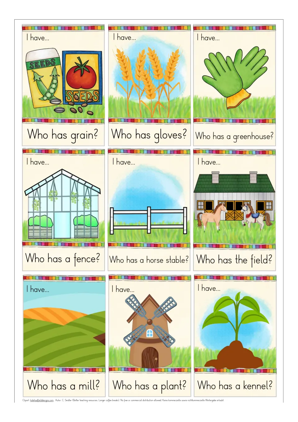 Farm crop and building cards: seeds, grain, gloves, greenhouse, fence, horse stable, field, mill and plant