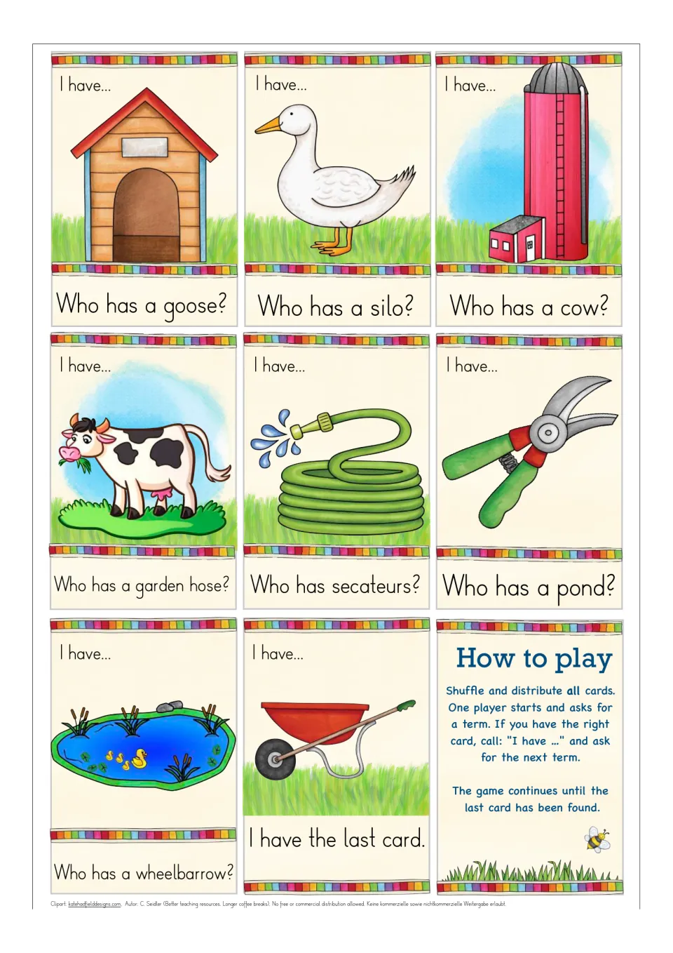 Final farm cards: kennel, goose, silo, cow, hose, secateurs, pond and wheelbarrow as the last card, plus a how-to-play card