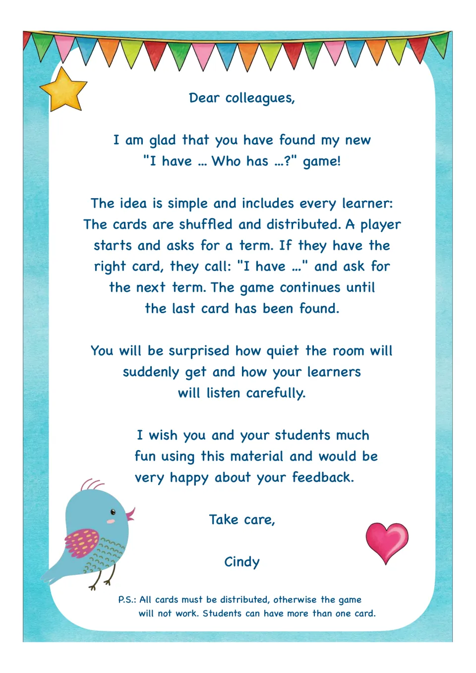 Letter to teachers explaining the game: shuffle and hand out all cards, players call "I have" and ask for the next term