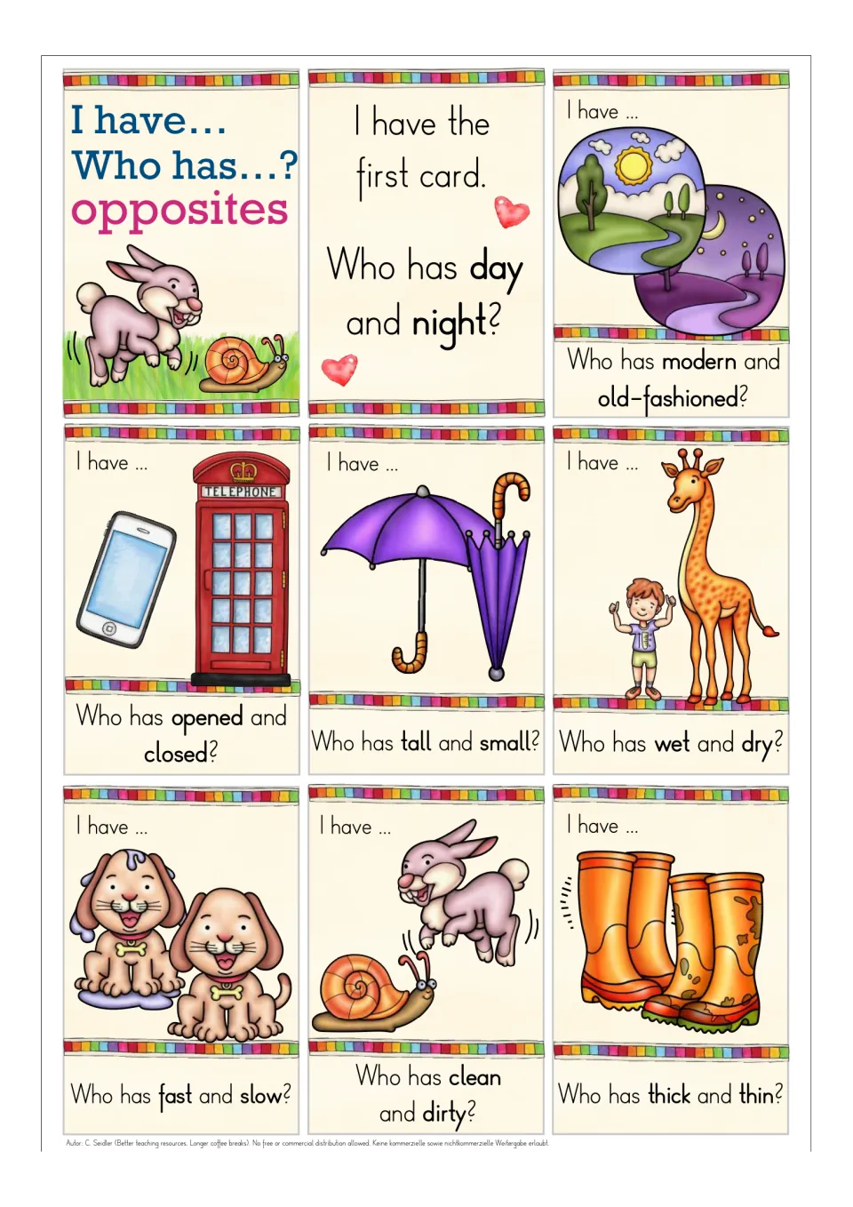 Opposites cards: students match pictures such as day/night, modern/old-fashioned and wet/dry; includes the first card