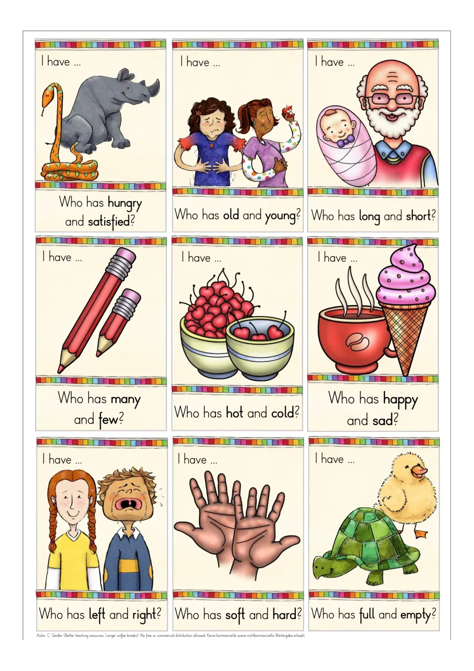 Opposite word cards: students match pictures to pairs like hungry/satisfied, old/young, many/few, hot/cold and soft/hard