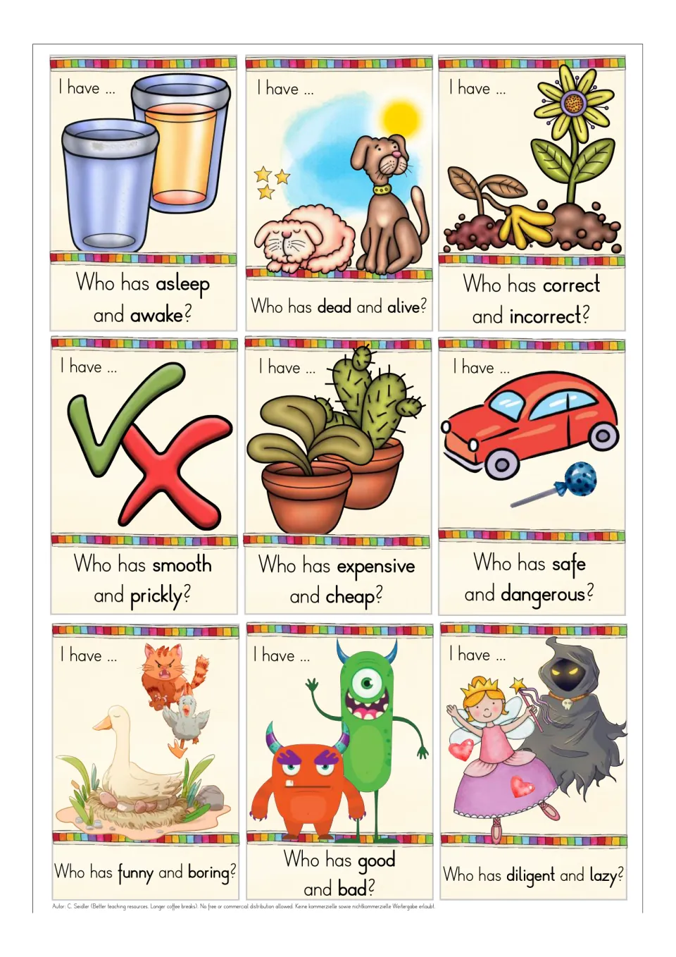 Antonym cards: students listen for pairs such as asleep/awake, dead/alive, expensive/cheap and diligent/lazy