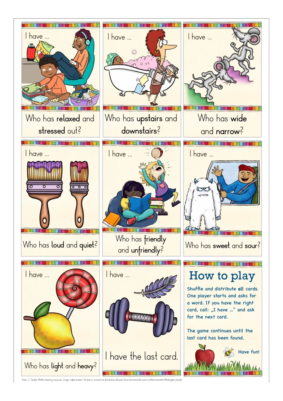 Final opposites cards: relaxed/stressed out, wide/narrow, loud/quiet, sweet/sour, the last card and a How to play card