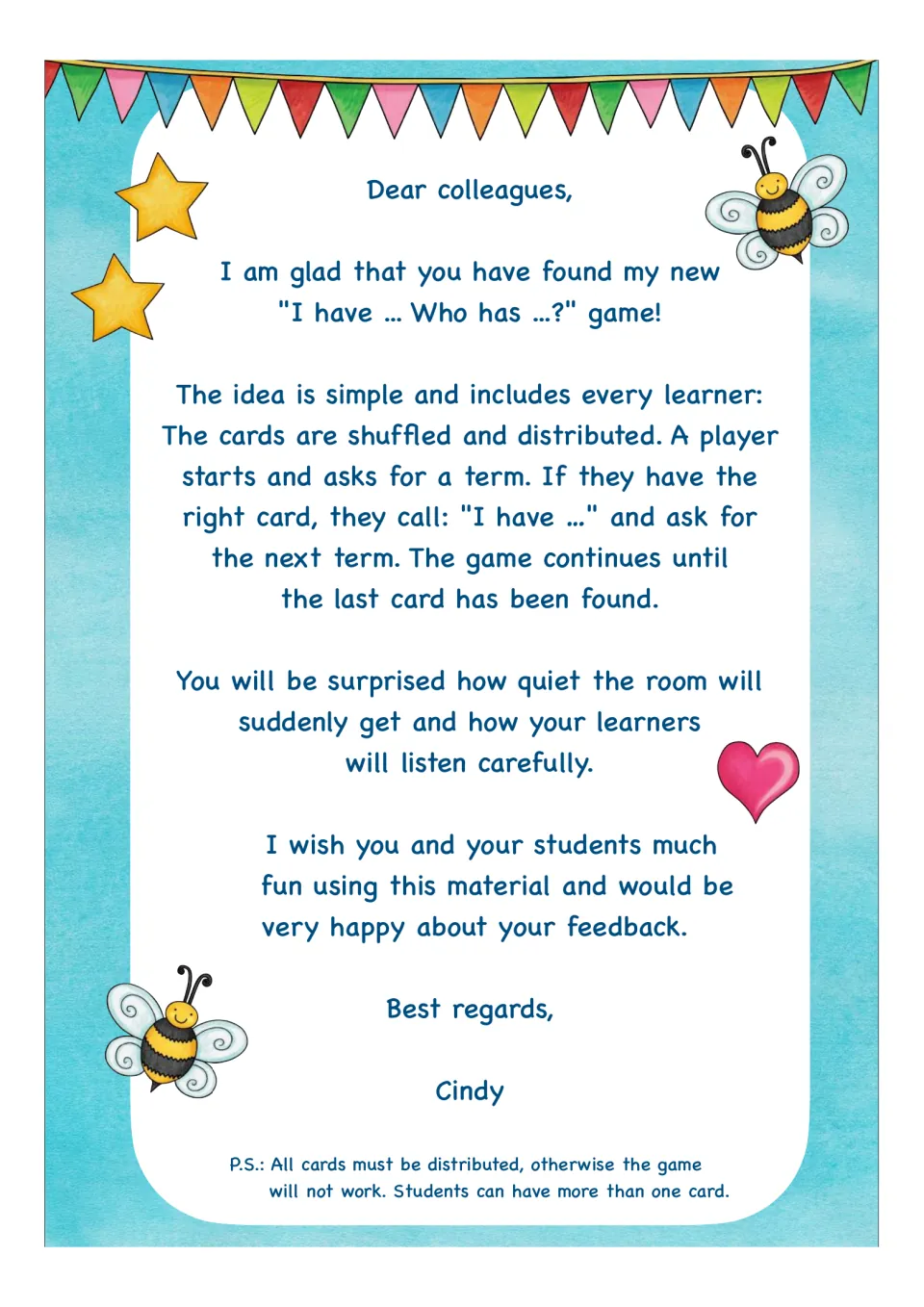 Teacher letter on the chain card game: cards are shuffled and shared, and each holder reads I have, then asks the next