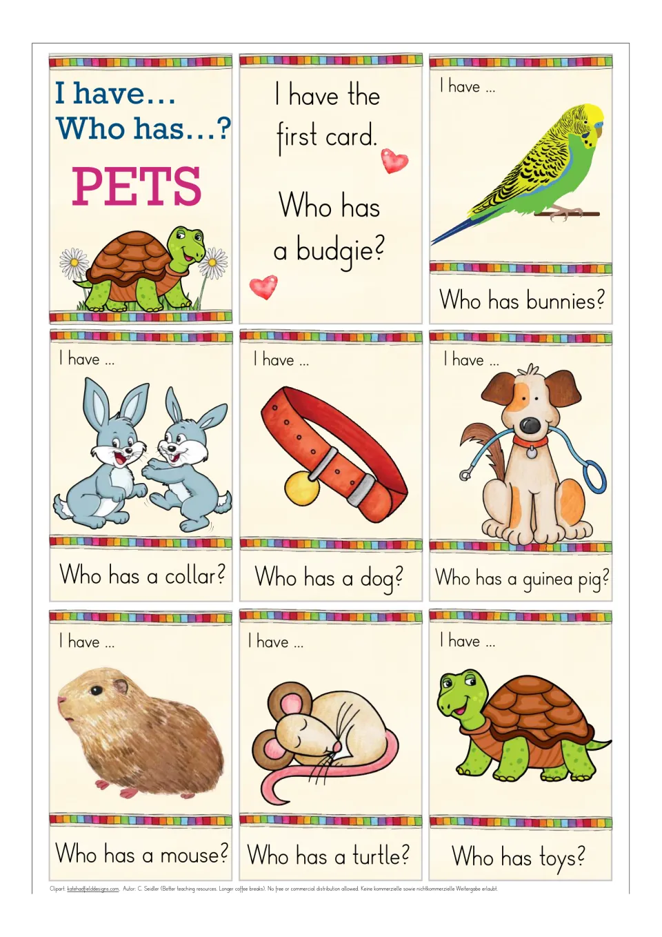 Pet vocabulary cards: start card asks for a budgie; then budgie, bunnies, collar, dog, guinea pig, mouse and turtle cards