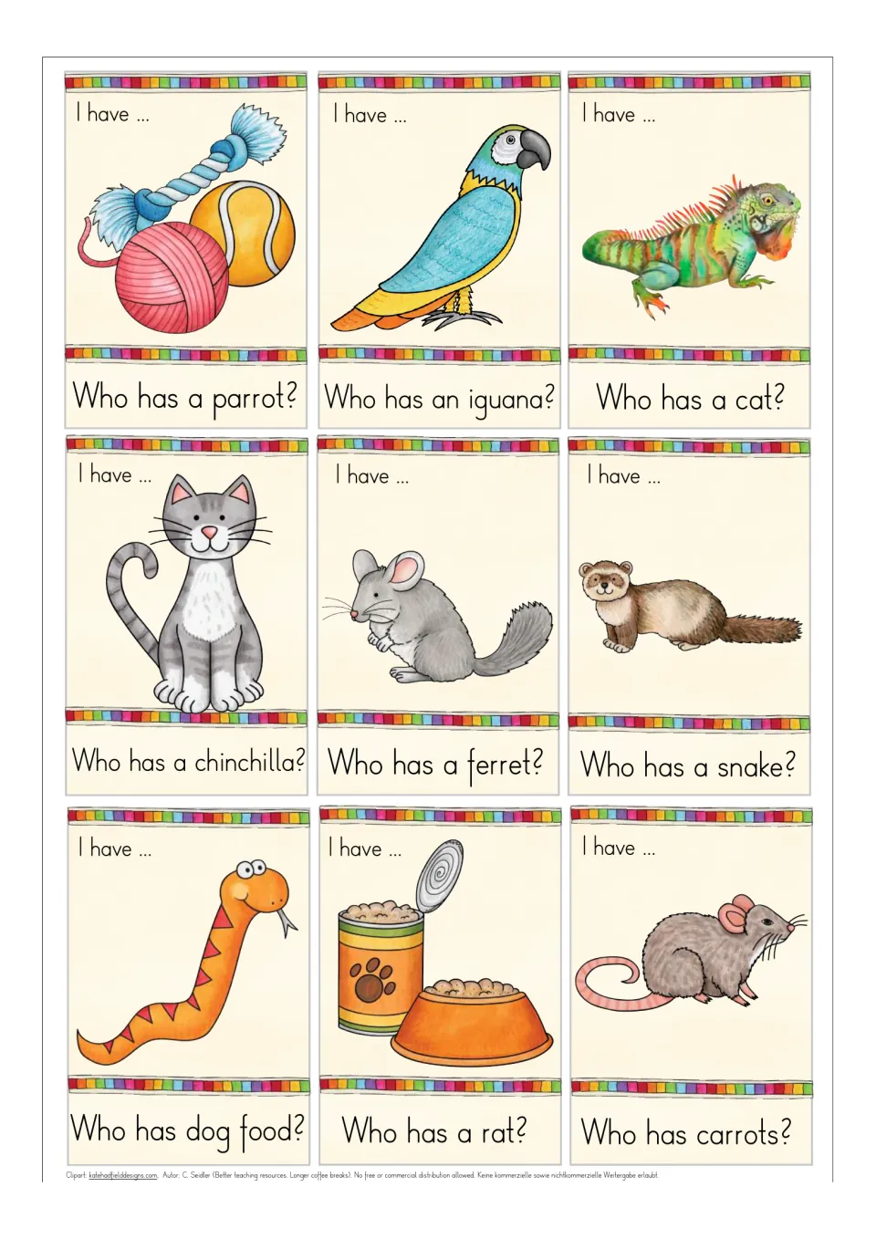 Pet vocabulary cards for listening and reading aloud: toys, parrot, iguana, cat, chinchilla, ferret, snake, dog food and rat