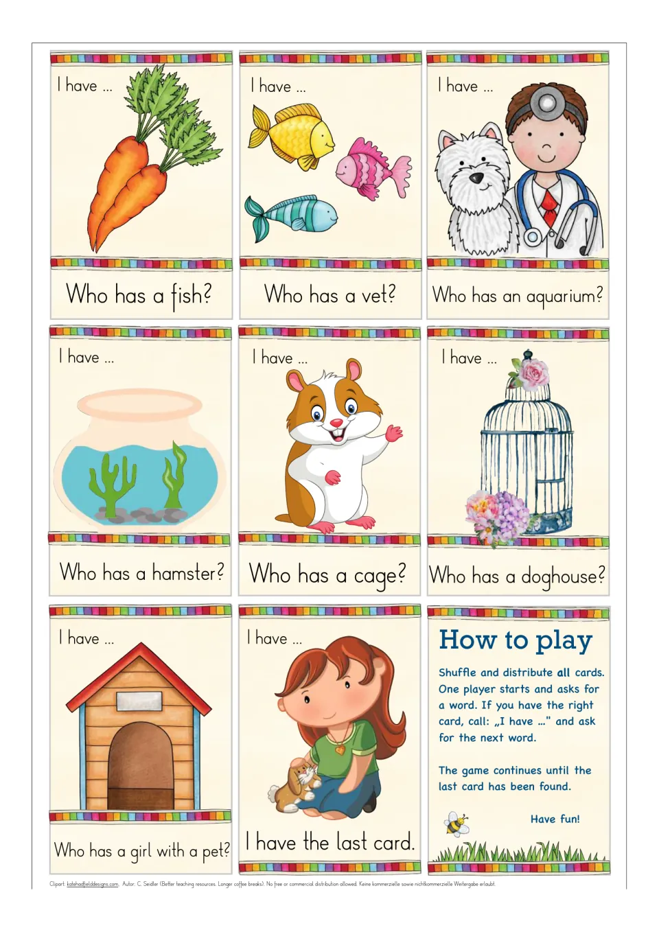 Final pet cards: carrots, fish, vet, aquarium, hamster, cage, doghouse, girl with a pet and last card, plus How to play