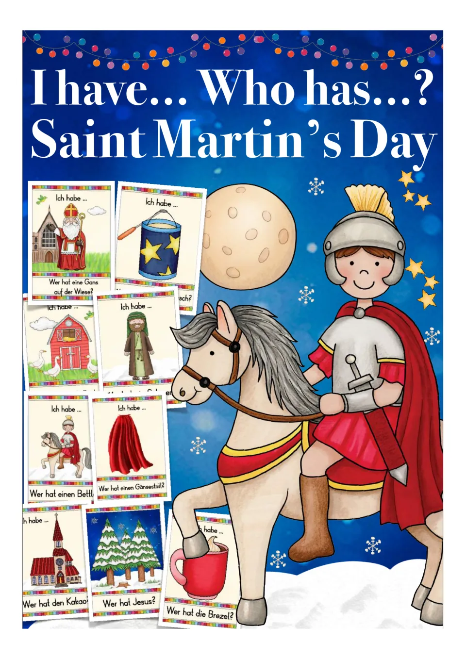 Saint Martin’s Day game cover showing Martin on horseback and overlapping sample vocabulary cards