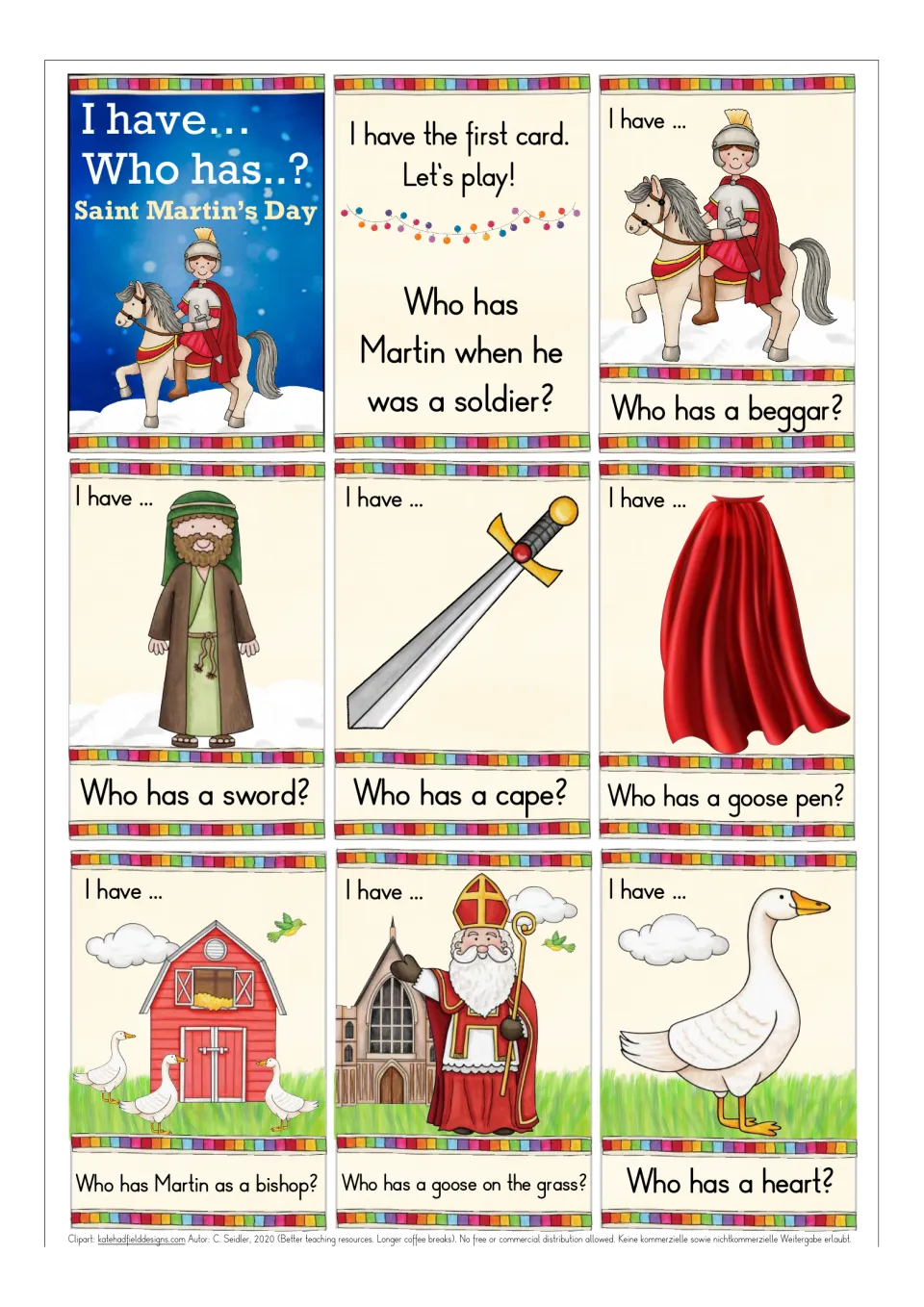 Game cards 1–8: starting card, soldier Martin, beggar, sword, cape, goose pen, bishop Martin, and goose