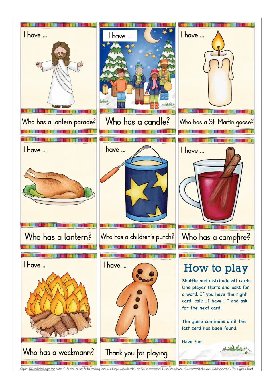Game cards 18–25: Jesus, lantern parade, candle, roast goose, and four more, plus how-to-play instructions