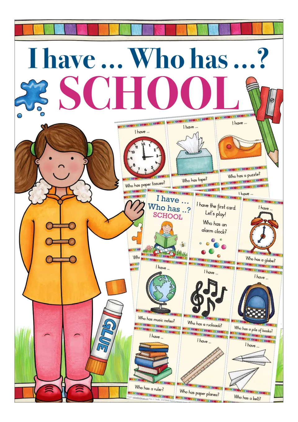 I Have Who Has School cover: a girl waves beside sample game cards showing a clock, globe, books, ruler and paper planes
