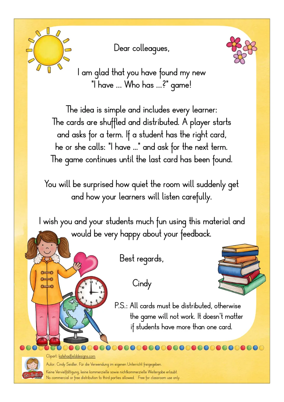 Teacher letter explaining the card game: shuffle, deal every card, and the student holding the named item answers next