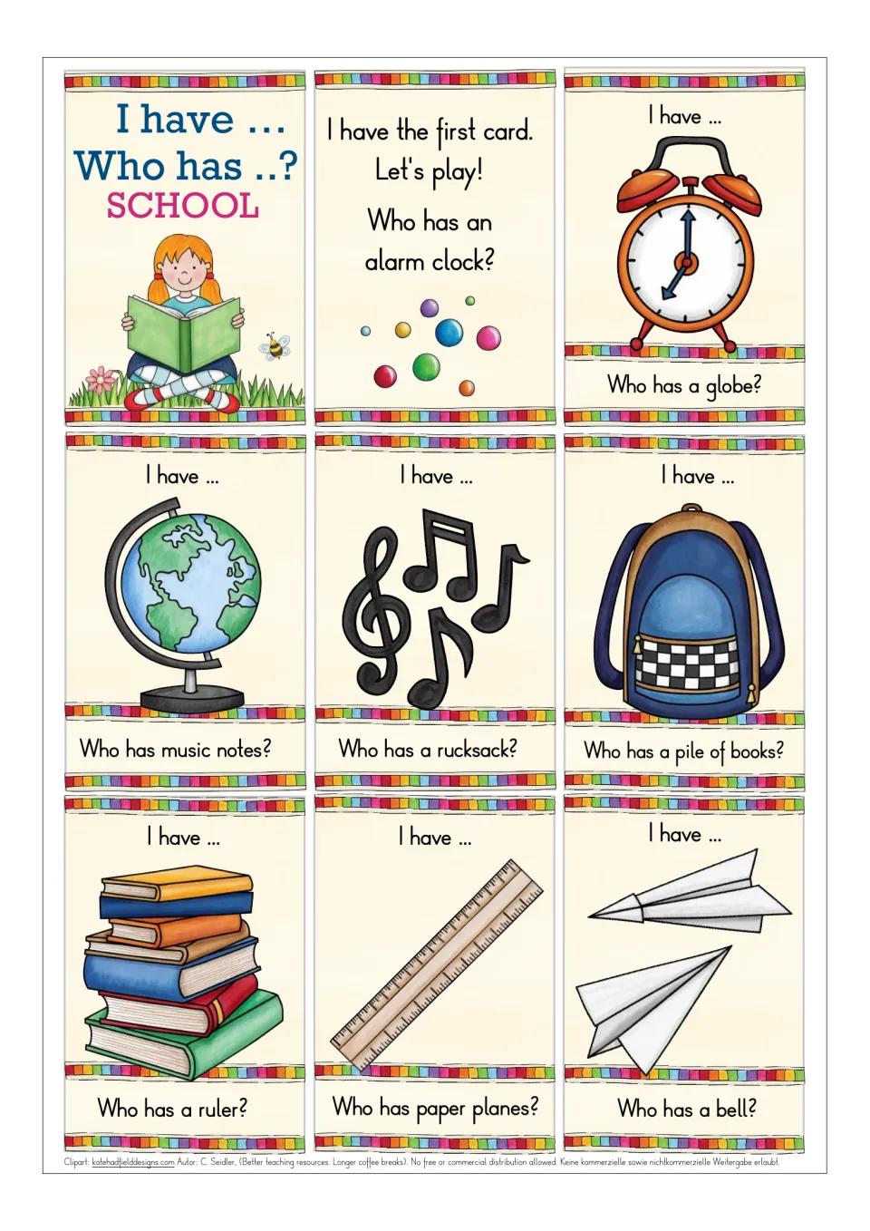 School vocabulary cards: title card, first card asking for an alarm clock, then cards for a globe, music notes and rucksack