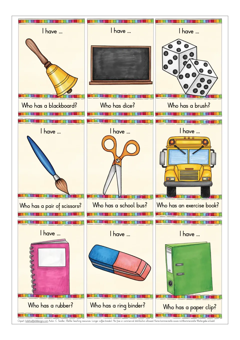 School vocabulary cards: students listen for pictures of a bell, blackboard, dice, brush, scissors, bus, notebook and eraser