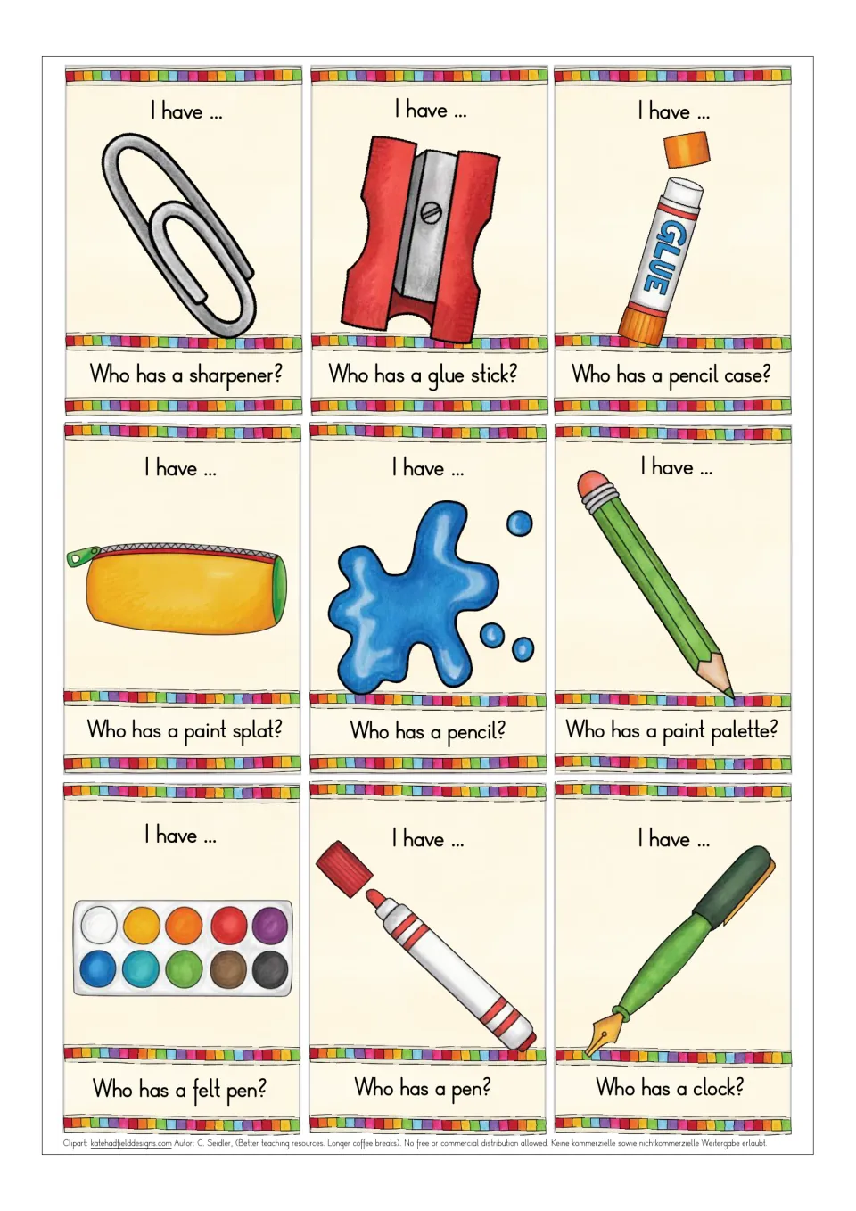 School supplies cards: listeners find the picture asked for, such as paper clip, sharpener, glue stick, pencil and felt pen