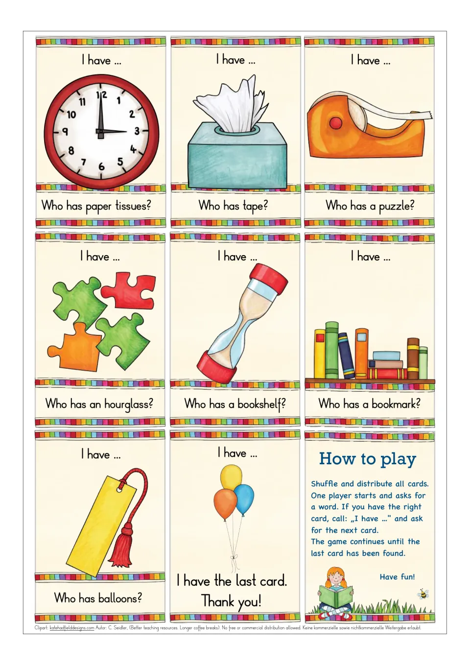 Final school vocabulary cards: clock, tissues, tape, puzzle, hourglass, balloons, the last card and How to play rules