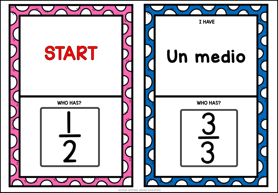 Fraction chain-game cards: the START card asks who has 1/2, and the Un medio card asks who has 3/3