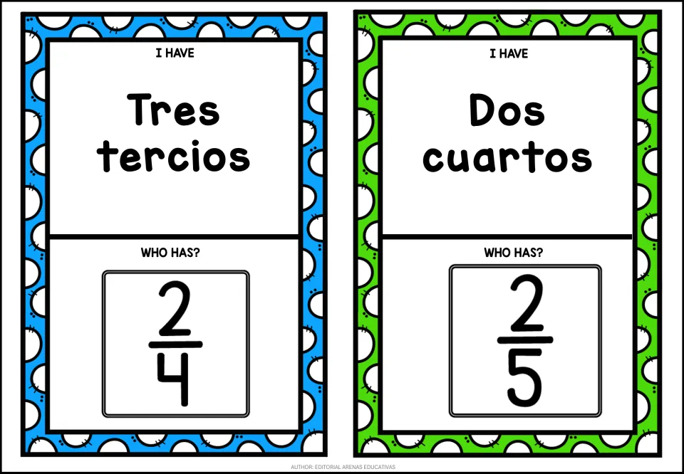 Spanish fraction names matched to numerals: Tres tercios card asks who has 2/4; Dos cuartos card asks who has 2/5