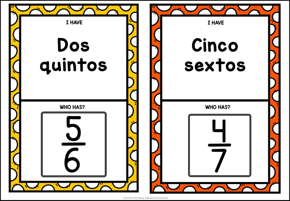 Fraction words in Spanish: the Dos quintos card asks who has 5/6, and the Cinco sextos card asks who has 4/7