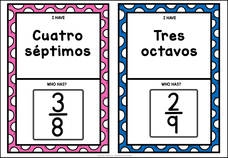 Reading fractions in Spanish: Cuatro séptimos card asks who has 3/8, and the Tres octavos card asks who has 2/9