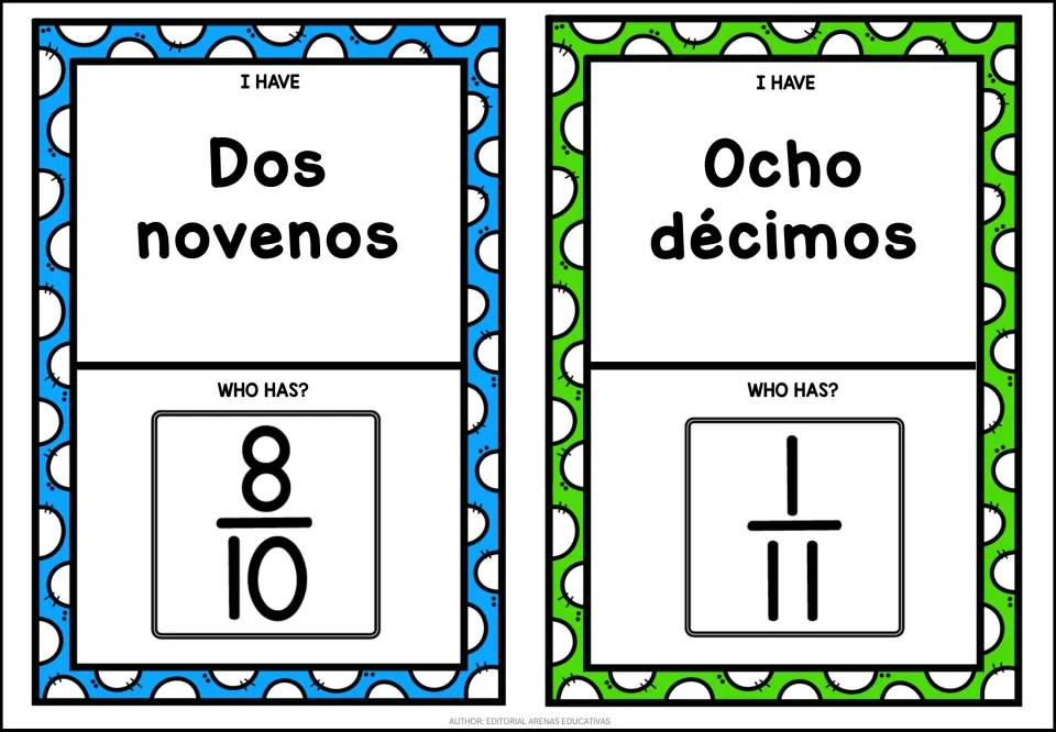 Spanish fraction game cards: Dos novenos asks who has 8/10, and Ocho décimos asks who has 1/11 to continue the chain